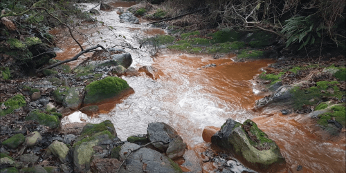 Regato das Pesqueiras de cor naranxa augas a baixo da mina