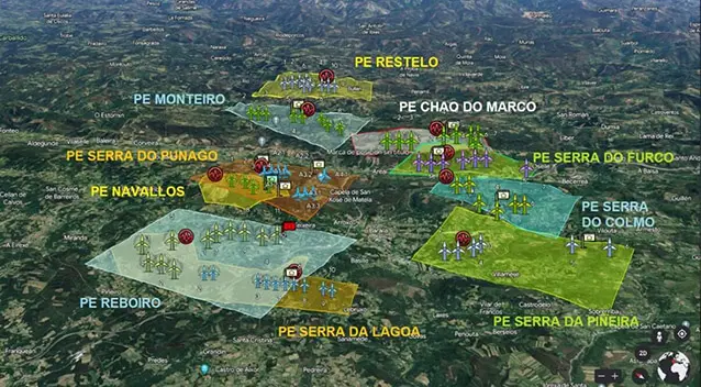 Detalle das poligonais dos proxectos eólicos Serra do Furco, Serra do Colmo, Serra da Piñeira, Chao do Marco, Restelo, Monteiro, Serra do Punago, Navallos, Reboiro e Serra da Lagoa