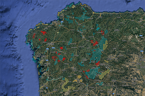 Parques eólicos (en vermello) que forman parte da campaña Ti Podes Paralos
