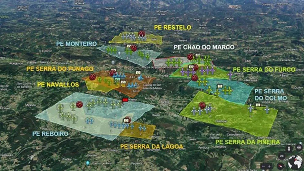 Detalle das poligonais dos proxectos e&oacute;licos Serra do Furco, Serra do Colmo, Serra da Pi&ntilde;eira, Chao do Marco, Restelo, Monteiro, Serra do Punago, Navallos, Reboiro e Serra da Lagoa