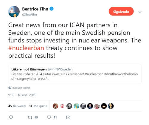 Tweet de Beatrice Fihn
